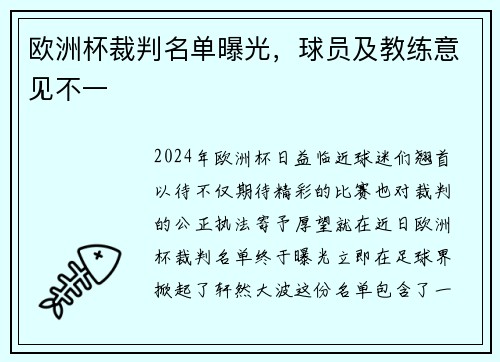 欧洲杯裁判名单曝光，球员及教练意见不一